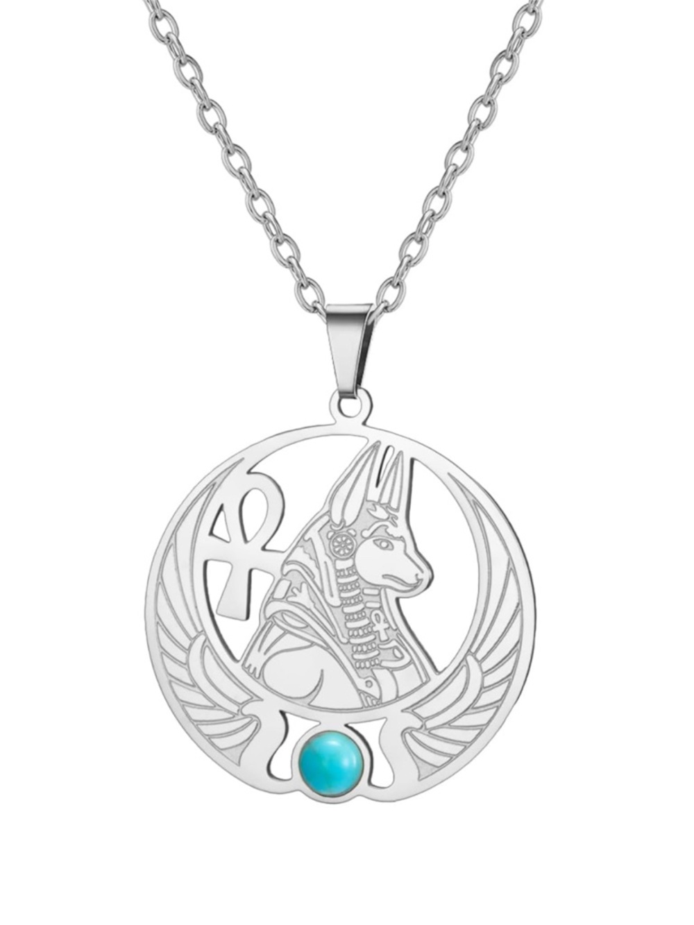Gold Egyptian Anubis Winged Pendant Necklace with Turquoise Accent